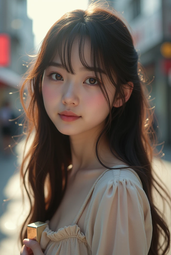 Highest quality, Face Focus, Soft Light, Ultra-high resolution, (Realistic:1.4), RAW Photos, 1 Japanese girl, alone, 20-year-old，(A shy smile:0.5), (Brown eyes, Light in your eyes), (Small box),(High resolution detail of human skin texture), (Dark brown hair),(Long Hair),(Normal face) break, On the Streets,Feminine clothing,, skirt