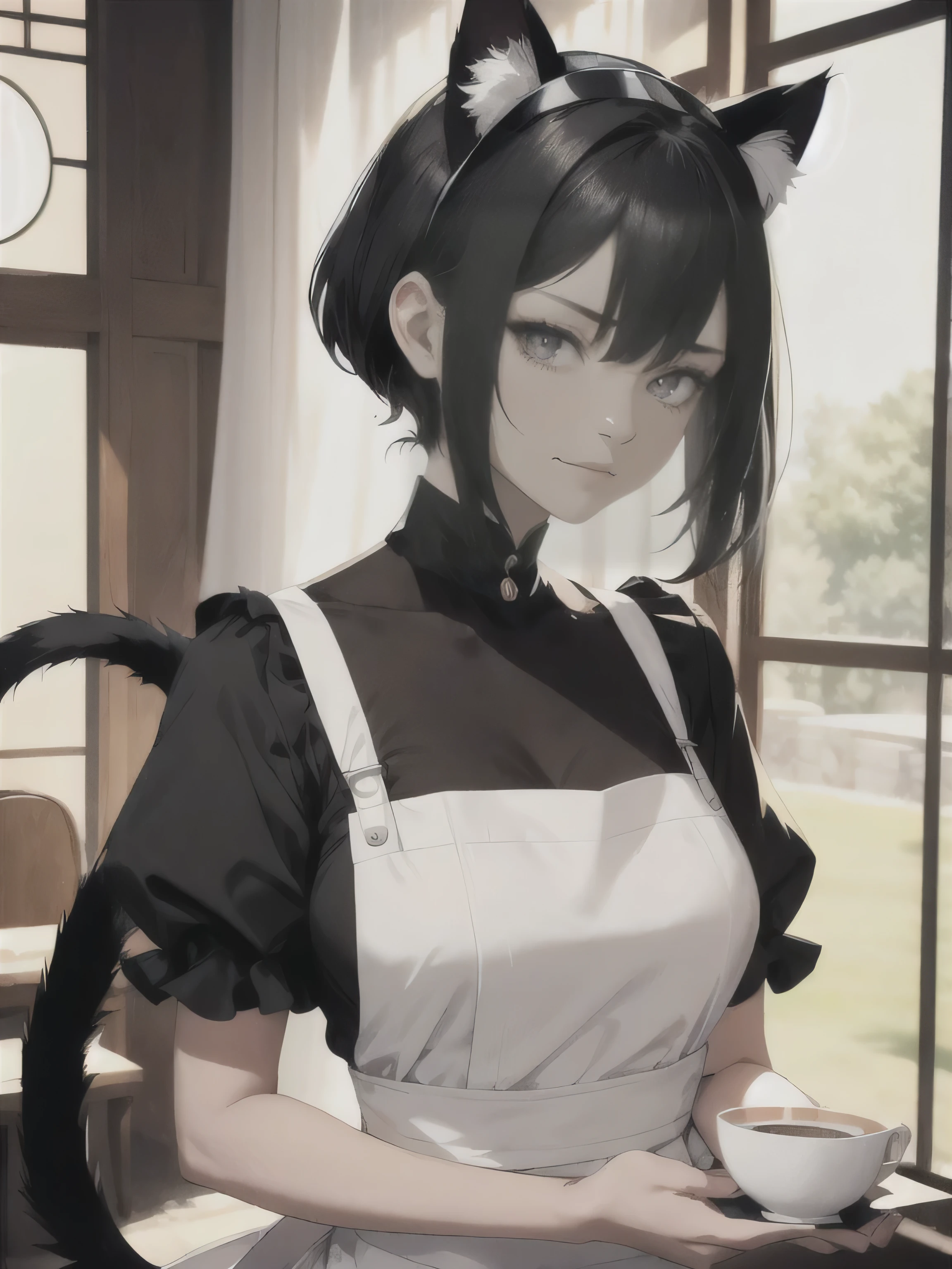 "Design a maid named Greta, who works in the noble Troyard family. Greta has sleek, short black hair that frames her face, with striking black eyes that convey a calm and composed demeanor. She has distinctive cat ears perched on her head and a sleek, matching black tail that adds a feline grace to her appearance. Greta wears a traditional black and white maid outfit, complete with a white apron and a simple, elegant headband. She stands in a refined, softly lit room, her posture poised and elegant, holding a delicate tea set. Her expression is calm and serene, with a hint of a knowing smile, reflecting her composed and diligent nature. The cat ears and tail add a unique, graceful touch, emphasizing her sharp, attentive character."