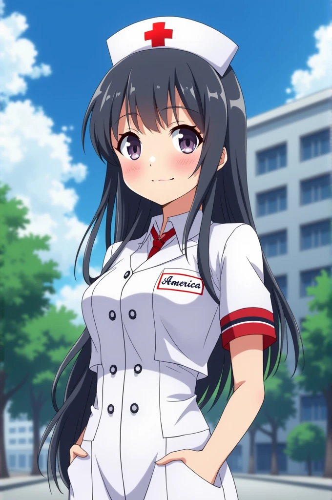 An anime of a nurse in a white uniform and a white blouse and on her blouse she has the name of "America " and in the background you can see the Lic Adolfo López Mateos hospital 