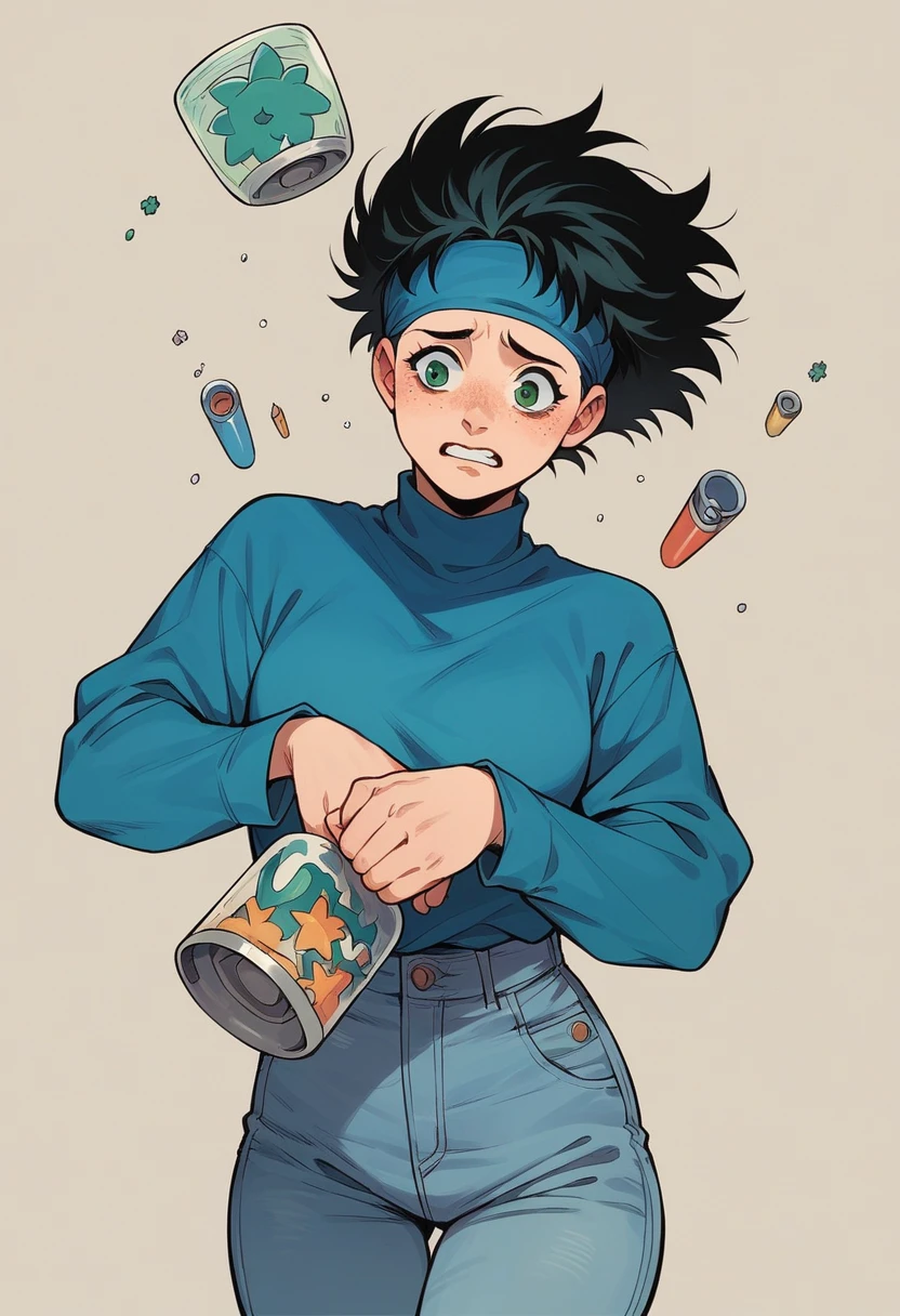 mature woman with fair skin,short black hair , green eyes,freckles,spiky hair ,hair falling in the face,blue headband with white details,white long sleeves with blue sleeves,teeth forward,device,shy , jeans, 90s anime style