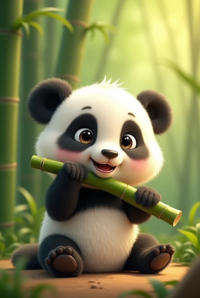I need you to design me an animated image of a cute baby panda sitting down, happy biting a bamboo branch (This must be an eco-friendly speaker) Frontal shot where you can see that he is biting the bamboo