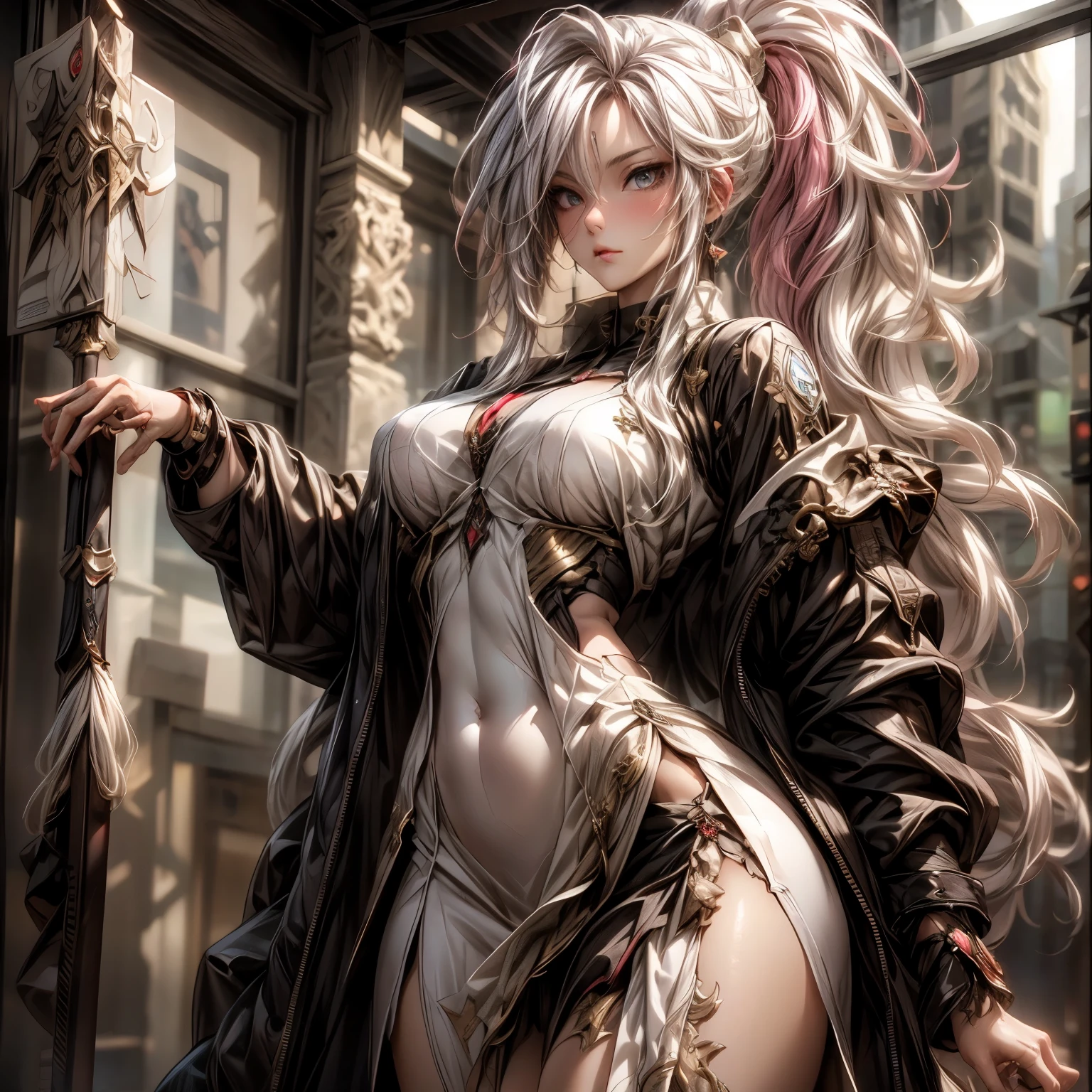 (best quality)), ((Masterpiece)), (details:1.4), 3d, HDR (high dynamic range), an image of a beautiful cyberpunk female, fantasy, medieval, Cyberpunk, Sleek style, pink hair, High ponytail, Beautiful White eyes, จมูกโด่ง, ปากแดง, หน้าอกใหญ่, nvidia RTX, PBR surface, After processing, Anisotropic filtration,depth of field, Maximum clarity and clarity, multi-layered surface, Subsurface scattering, perfect proportions, 8K raw files, ultra detailed, Perfect proportions, volumetric lighting, soft lighting, Holy Paldin, Heavy Golden Armor, White dress, intricate Silver embroidery, glossy skin, Bed room Background, jewely, ต่างหู, นิ้วมือสมบูณ์, mini white skirt,