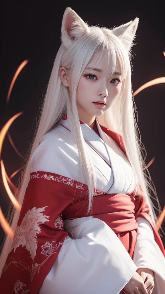White Demon Fox、Nine-tailed Fox、Japanese women、kimono、Fair skin、Red lines on face、8k、I have long hair、High-resolution model、Ultra high definition, Textured skin,  
