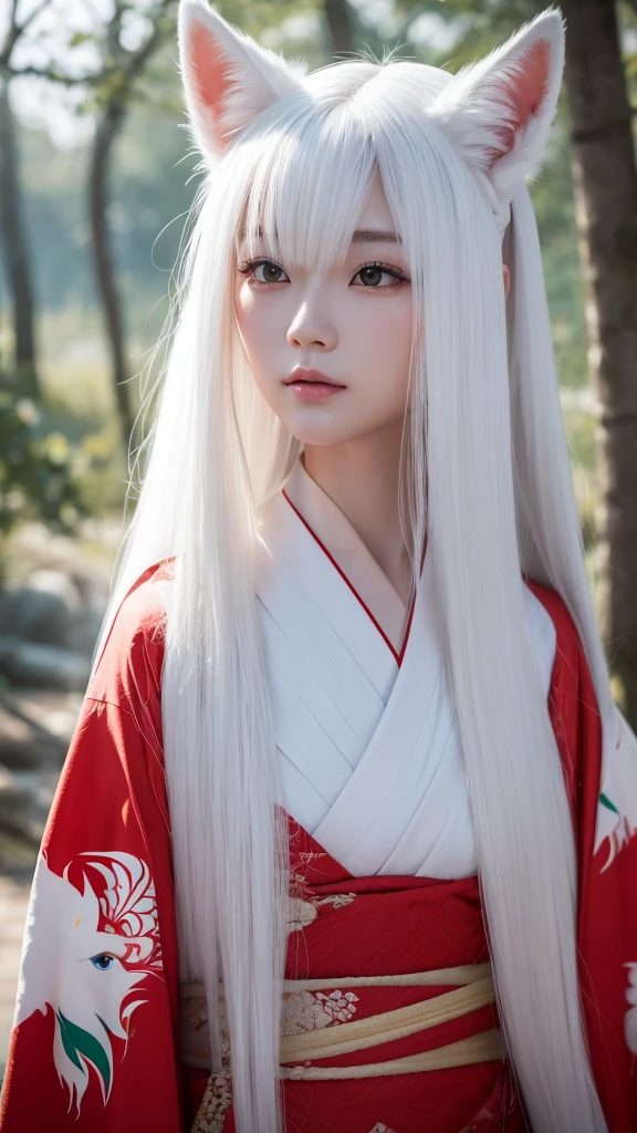 White Demon Fox、Nine-tailed Fox、Japanese women、kimono、Fair skin、Red lines on face、8k、I have long hair、High-resolution model、Ultra high definition, Textured skin,  