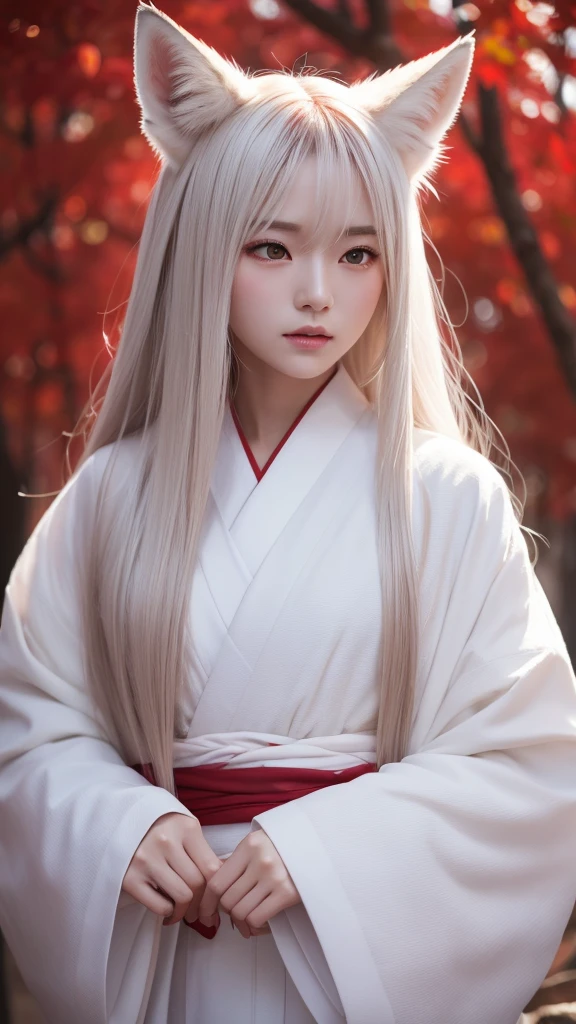 White Demon Fox、Nine-tailed Fox、Japanese women、kimono、Fair skin、Red lines on face、8k、I have long hair、High-resolution model、Ultra high definition, Textured skin,