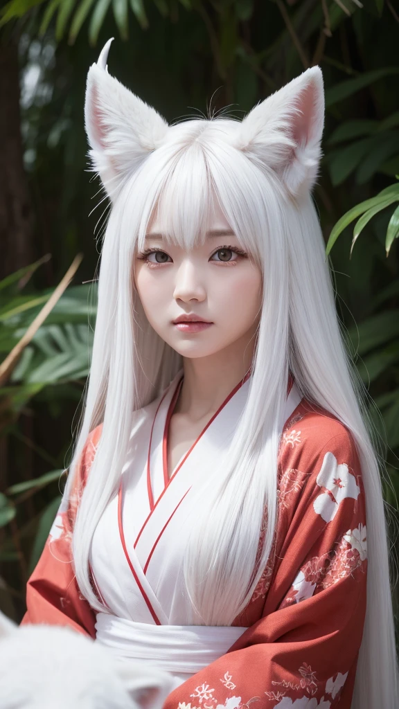 White Demon Fox、Nine-tailed Fox、Japanese women、kimono、Fair skin、Red lines on face、8k、I have long hair、High-resolution model、Ultra high definition, Textured skin,