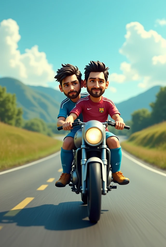 Messi is driving a motorcycle with another messi