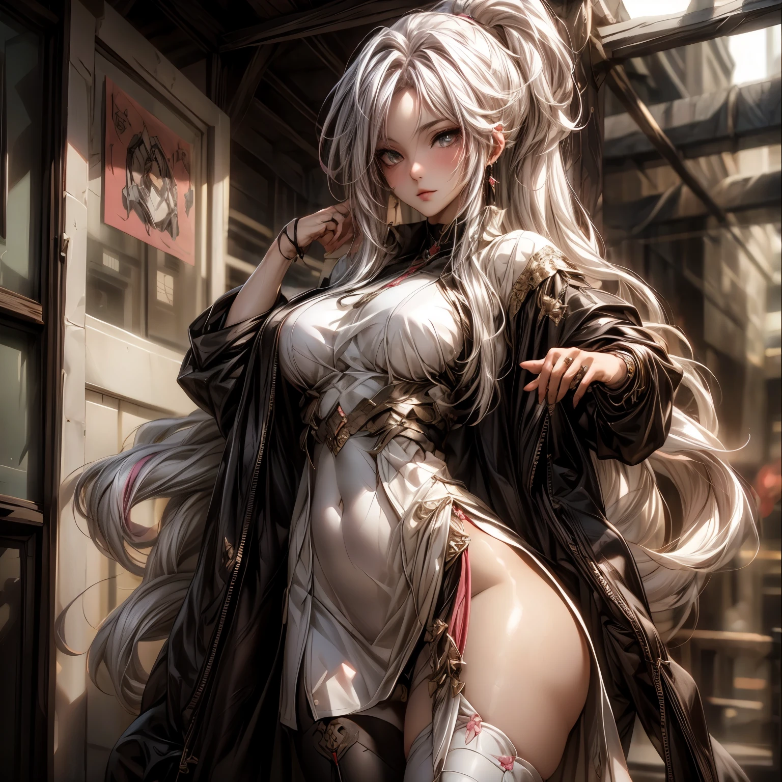 (best quality)), ((Masterpiece)), (details:1.4), 3d, HDR (high dynamic range), an image of a beautiful cyberpunk female, fantasy, medieval, Cyberpunk, Sleek style, pink hair, High ponytail, Beautiful White eyes, จมูกโด่ง, ปากแดง, หน้าอกใหญ่, nvidia RTX, PBR surface, After processing, Anisotropic filtration,depth of field, Maximum clarity and clarity, multi-layered surface, Subsurface scattering, perfect proportions, 8K raw files, ultra detailed, Perfect proportions, volumetric lighting, soft lighting, Holy Paldin, Heavy Golden Armor, White dress, intricate Silver embroidery, glossy skin, Bed room Background, jewely, ต่างหู, นิ้วมือสมบูณ์, mini white skirt,