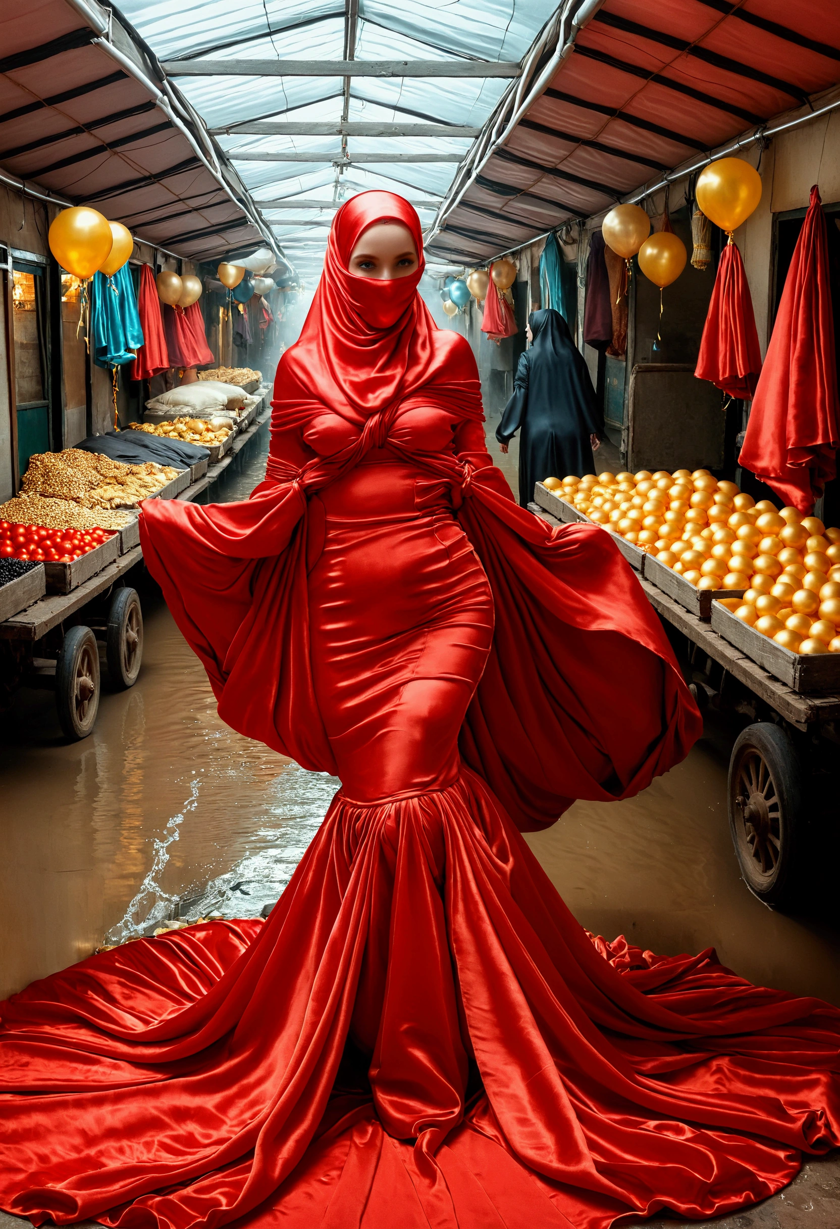 A woman shrouded in a 9-meter-long, plush red satin cloth, tightly bound and grandly draping along the form of her body, flowing off into a pooled floor-length train, styled in a mermaid-inspired outfit with ballon sleeve, her head modestly veiled in a satin hijab, tall woman, walk in wet traditional market, a full-body pose conveying a sense of elegance, captured in a 4k resolution, ultra-realistic