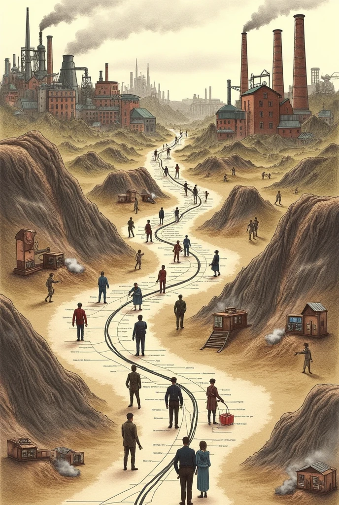 Industrial Revolution Timeline easy landscape hand drawing.