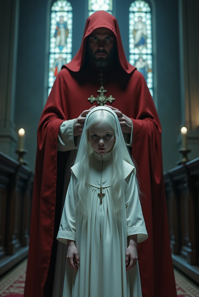 Albino girl with long white hair, From the Middle Ages, realisitic, blue eyes white nun clothes, with a cross necklace and scared look in church with a scary red bishop behind details.