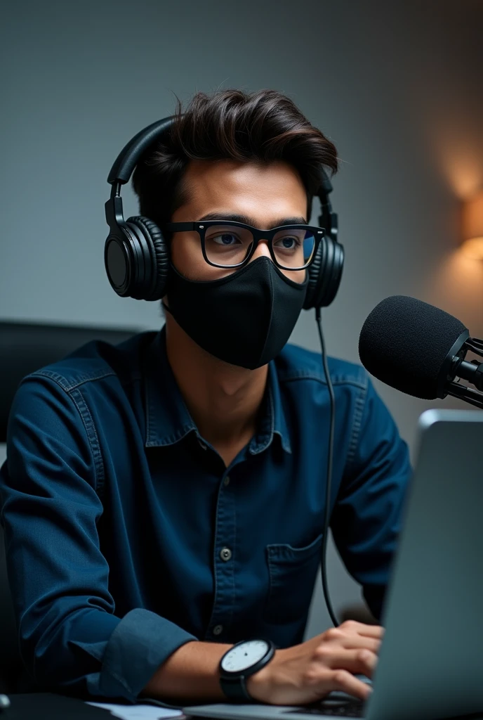 a 20 year old Indian boy sitting in tebal and use headphones and mic face black mask and easy black glasses frant stay looking camera site