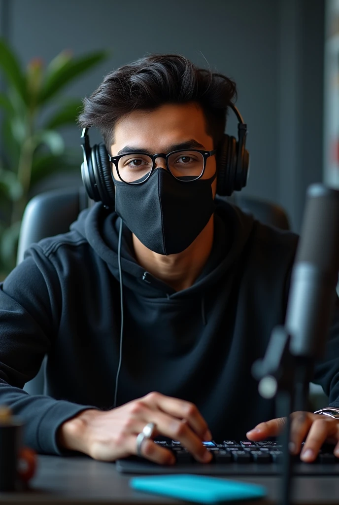 a 20 year old Indian boy sitting in tebal and use headphones and mic face black mask and easy black glasses frant stay looking camera site