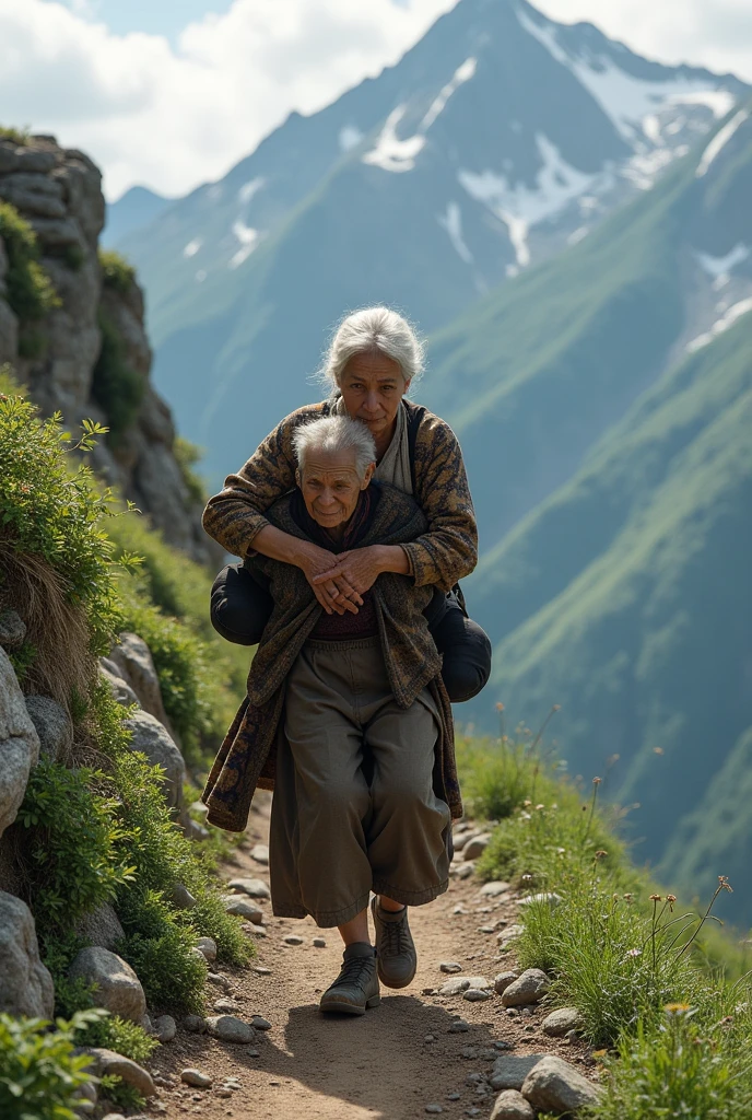 The woman carried the old woman up to the mountain and helped her