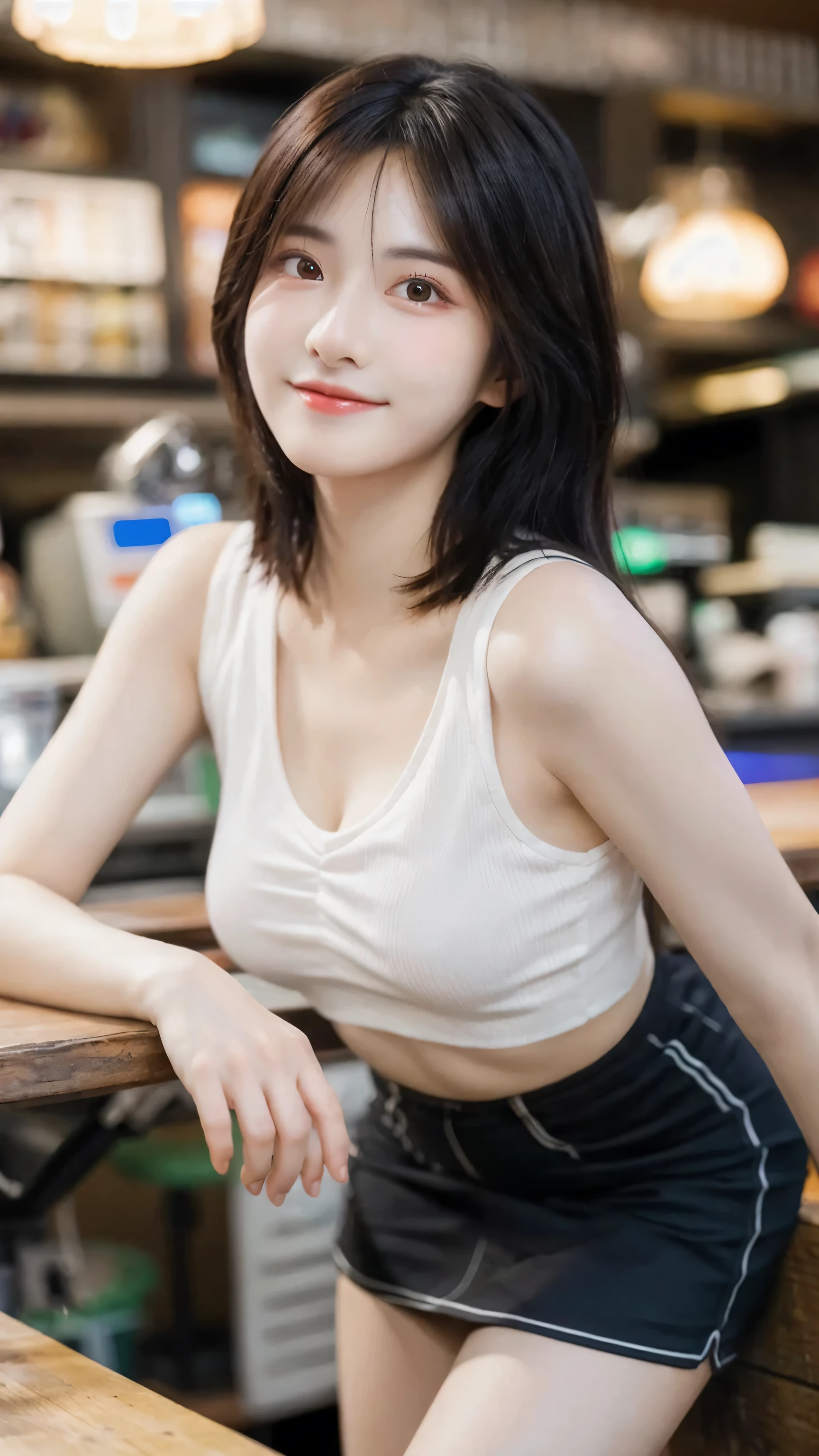 (8k, RAW Photo, Best Quality, Masterpiece:1.2), table top, Ultra Detail, Super Resolution, (Realistic, Realistic Photo:1.37), Portrait, High Detail RAW Color Photo, Professional Photo, Extremely Detailed and Beautiful, Extremely detailed, 8k wallpaper, amazing and detailed, huge file size, official art, highly detailed CG unity 8k wallpaper, highly detailed beautiful girl, highly detailed face, highly detailed eyes, highly detailed skin, highly detailed fingers, highly detailed nose, very detailed detailed mouth , perfect anatomy, highly detailed background, highly detailed clothes, 1girl, ,cute girl, realistic body, fair skin, glowing skin , slim body, handsome body, black hair , Semilong hair, (blunt bangs:1.2), smile, cute, youthful, cute face, realistic face, delicate eyes, drooping eyes, looking at viewer,  standing posture, Contraposto, dynamic lighting, (medium breasts), (Perfect Body Proportions), (slender Body Proportions), (tank top), (mini skirt), (Inside the pub),
