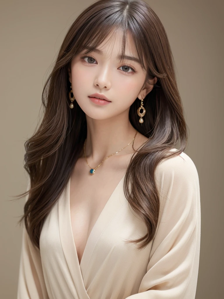 ((Highest quality, 8k, masterpiece:1.3)), concentrate: 1.2, Perfect body beauty: 1.4, Hips: 1.2, ((Long Hair, chest: 1.2)), (Dry clothes: 1.1) , (clear, Simple Background:1.3), Simple clothes: 1.1, Highly detailed face and skin texture,Delicate eyes, double eyelid, Whitened skin, Rough skin、Long Hair、bangs、Simple earrings、necklace、 solo、Beige coat、White shirt, (((Cute and beautiful Japan)))、 ((Beautiful 20-year-old Japanese))、 ((Baby Face))、 (((Slender body)))、 Upper Body,Face focus、necklace,Simple Background,From above, Realistic Hair、 A photograph was taken:Canon EOS R6、135mm、1/1250 seconds、f2.8、ISO400、(Detailed explanation of the hand)、(Masseter muscle area)、(Exquisite CG)、Long Hair, loose and curly hair、Korean Hair、Long Hair明るいベージュ色、グラデーションハイライトグレージュのゆるふわLong Hairスタイル、
