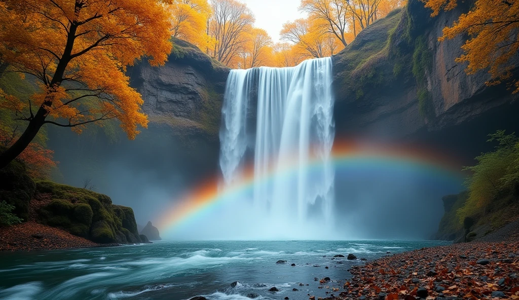 majestic waterfall image in autumn forest, waterfall water creates a big rainbow, autumn waterfall, first-person view, panorama, UHD,(Best Quality),(Masterpiece Photos), (Details:1.4),(8k Highly Detailed)(Best Quality),(Best Shading)