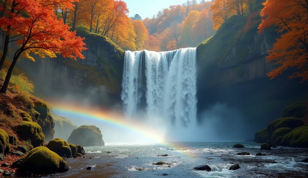 majestic waterfall image in autumn forest, waterfall water creates a big rainbow, autumn waterfall, first-person view, panorama, UHD,(Best Quality),(Masterpiece Photos), (Details:1.4),(8k Highly Detailed)(Best Quality),(Best Shading)