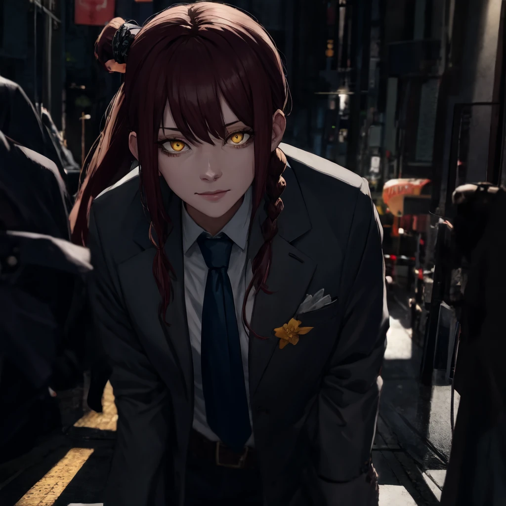 absurdres, [perfect shadows, Masterpiece artwork, mindful, high qualiy, detailded, extremamente detailded, 4K, High definition, intrikate, cinematographic, 8k, ultra quality, 8K  UHD, offcial art, illustration, 1girl, aged_up, 独奏, gazing at viewer, makima (( chainsaw man )) , russet hair, ponytail braids , yellow  eyes, Eyes with rings, black jersey, golden tie, White pants, glad, citys, Street, natta, tenebrosa, sombra no rosto, Cinematic scene, arms behind the back, アニメ, mango, upperbody, Masterpiece artwork