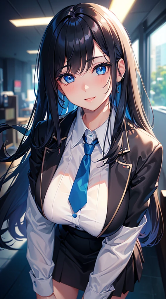 ((semi-long, Highest quality, High resolution, Hmph, Pixel perfect, 4K, Hmph, Hmph))), One Girl, single, alone, Beauty、 ((  Black Hair、bangs、Hair that falls over the shoulders)), ((Big blue eyes, Beautiful eyelashes, Realistic eyes、Double)), ((Detailed smile, )), ((Smooth texture:0.75, Realistic texture:0.65, Realistic:1.1, Anime CG style)), Big Breasts, Perfect body, Black Business Jacket, Closing the garment, White collared shirt, Black tight skirt、missing fingers/fewer digits、Dynamic Angle