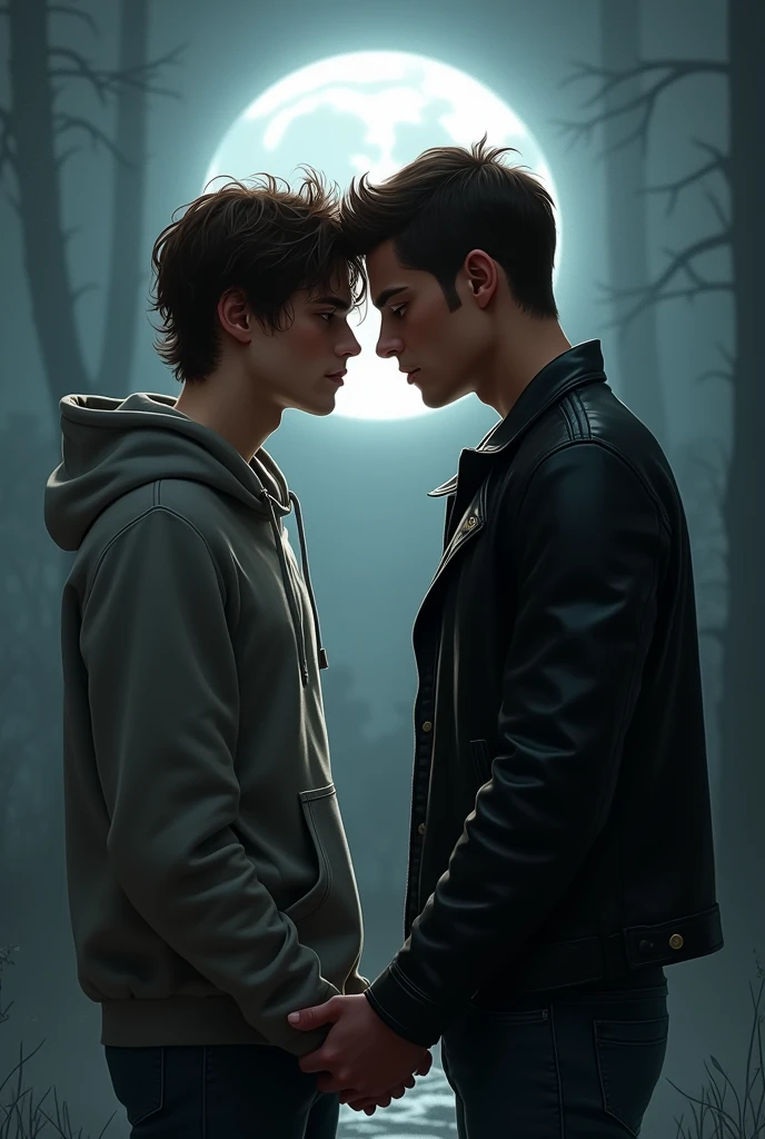 A ager named Stiles with fair skin and brown hair wearing a hoodie holding hands and looking into the eyes of a man named Derek who has tan skin and black hair with serious features and wearing a black leather jacket., the light of the full moon rises