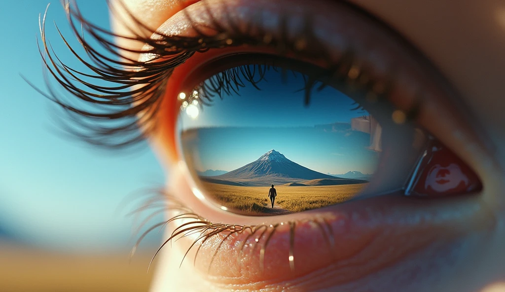 A surreal composition featuring a close-up of a human eye, where the iris reflects a serene landscape of a distant mountain under a blue sky. The eyelashes and skin are softly lit, blending seamlessly with the natural scene, creating an illusion of the landscape existing within the eye. The reflection captures a vast field leading up to the mountain, with a lone figure standing in the distance, adding depth and mystery to the image. The overall atmosphere is dreamlike and introspective, emphasizing the connection between the observer and the world within their gaze.