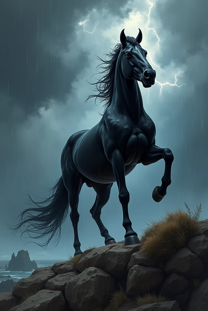 black horse in a thunderstorm on a rock