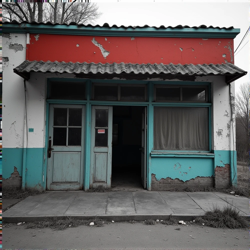 A bus terminal seen from outside, worn by time, collapsing, with the walls unpainted, only the red and blue colors stand out in certain parts since the image is black and white as if it were an old photo
