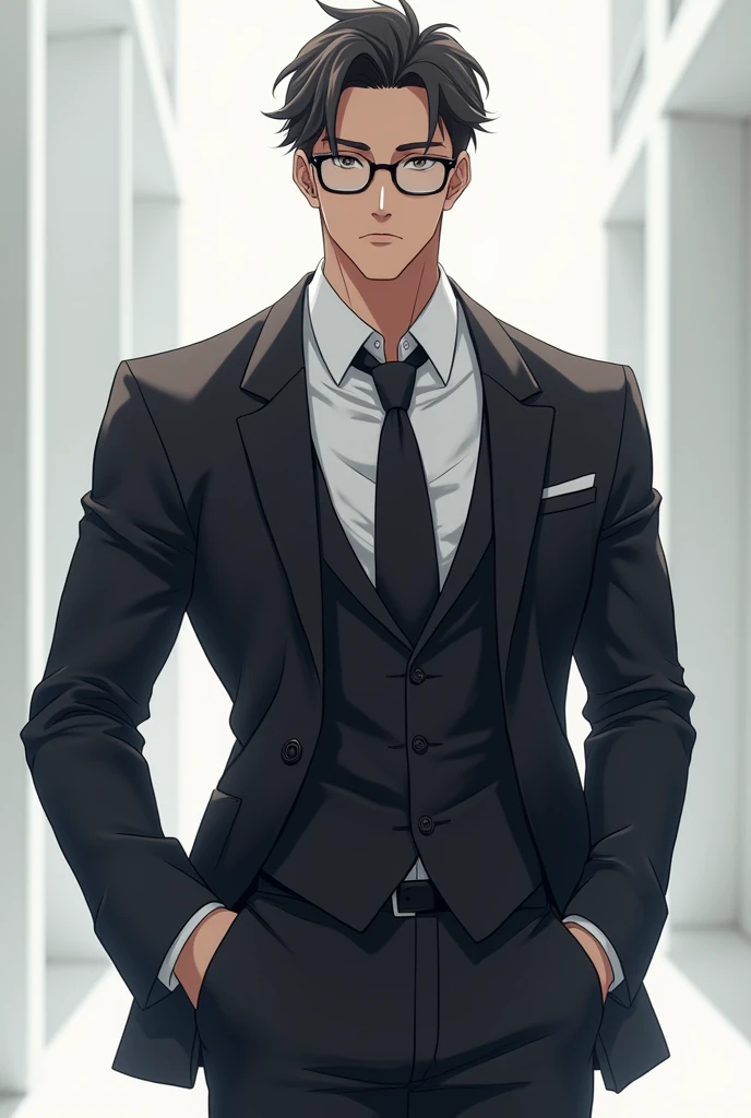 Male suit, slim and muscular, glasses, standing pose, cool, anime