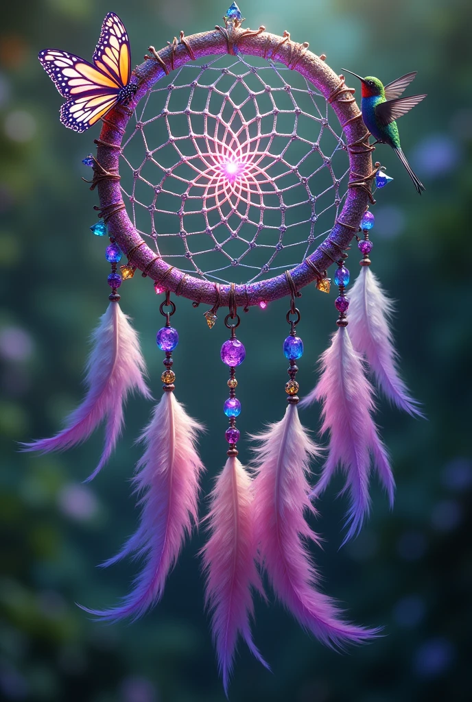 Dreamcatcher with crystals gems
Feathers 
Magenta
purple
blue
Monarch butterfly 
Hummingbird 


