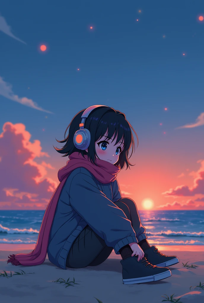 80's、comics、Sandy Beach、evening、girl、winter、Scarf、headphone、cute、Black Hair、Seaside、80'sアニメーション、Emotional