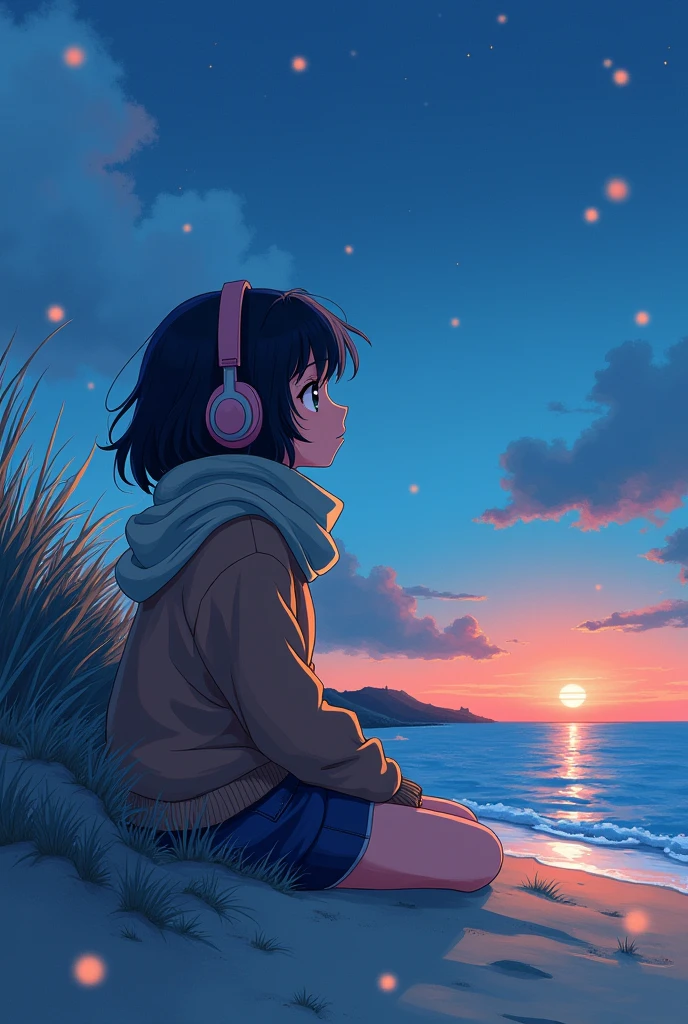 80's、comics、Sandy Beach、evening、girl、winter、Scarf、headphone、cute、Black Hair、Seaside、80'sアニメーション、Emotional