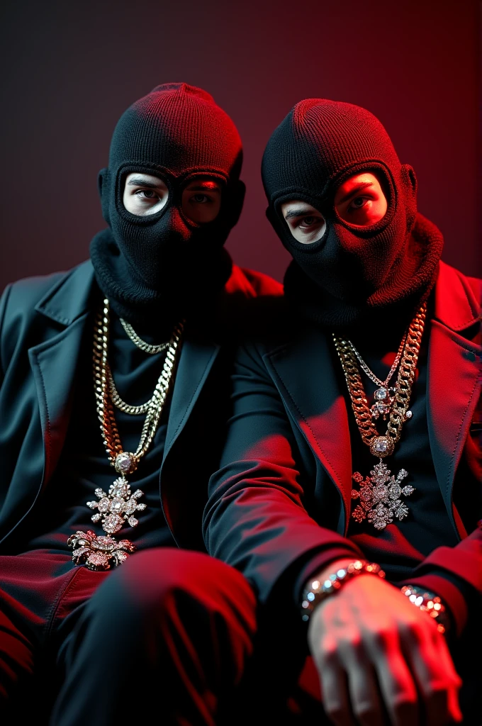 2 guys in a ski mask, sitting next to eachother, angry, iced out with chains, dripped out with red deaigner clothing, 4k, lighting, red lighting, dark black background