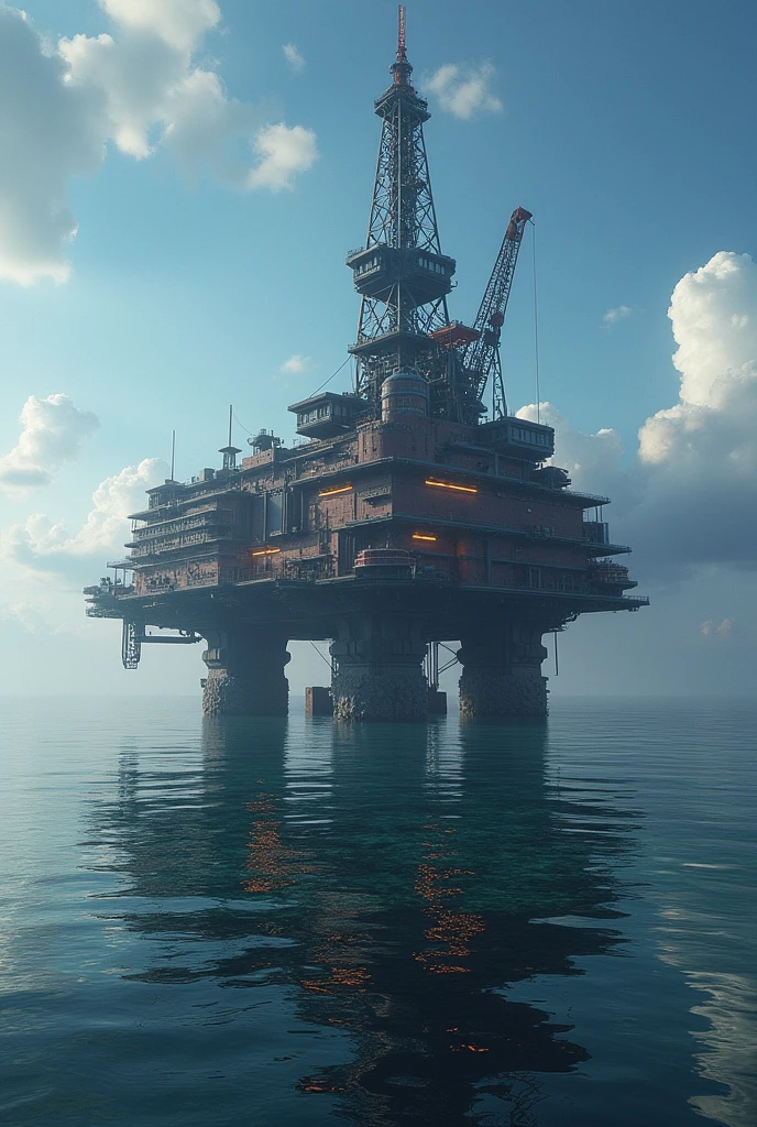 Celestial magical military futuristic base. Located in the middle of the water like an oil rig