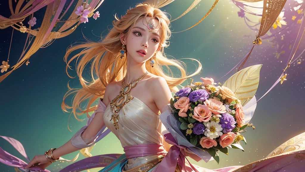 32K, 最高quality, 最高masterpiece, (ultra-Detailed Background, Detailed Background), High resolution, Super detailed, Very detailedな, 1 personの, (bouquet:1.3), (Tangled:1.2), (Geometric:1.2),(colorful),(masterpiece, quality, best quality, Official Art, Beautiful and beautiful:1.2), (1 person:1.3), Very detailed,(colorful:1.1)(Flowers:1.3),Most detailed,(Tangled:1.2), whole body, (Abstract background:1.3), (Skin glows), (Many colors:1.4), ,(Earrings Jewelry:1.5), Bright gradient background, Beautiful and sparkling background, It's imaginative., Flaxen Hair, Lustrous skin,