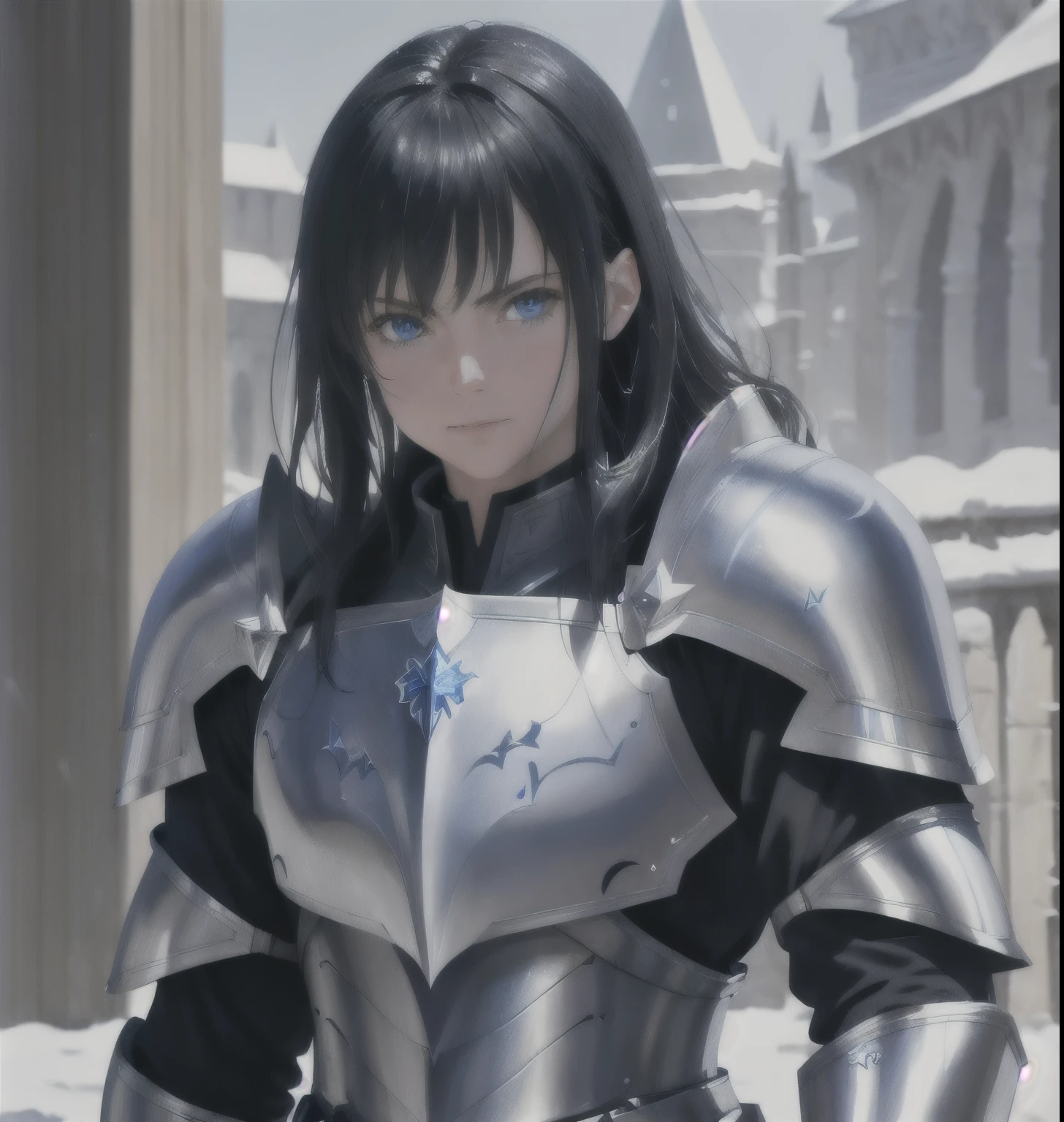 paladin, hair black, armor plate silver ((realism)), blue eyes, extremely high quality RAW photograph, ultra detailed photograph, sharp focus, high resolution, high quality, film grain, Fujifilm XT3,Highly Detailed, movie, (Cinematic Photo:1.3) of (Realistic:1.3),Photorealism, (Magical Photo:1.3)