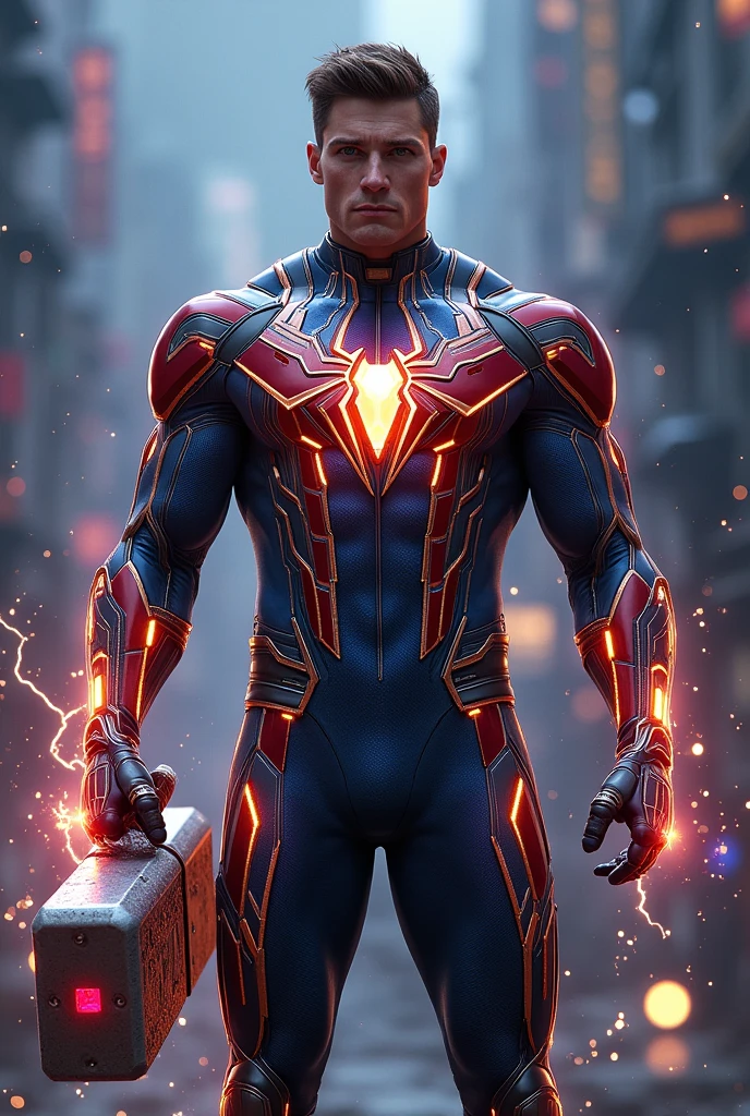 Chibi
Create a superhero character named 'Ultimate Marvelian' who embodies the combined powers and attributes of multiple Marvel heroes. The character should have a muscular and imposing physique with advanced armor inspired by Iron Spider, featuring retractable metallic spider arms. The armor should have cosmic energy patterns and magical runes. The character wields an enhanced version of Thor's hammer Mjolnir, which emits lightning, and their face reflects strategic intelligence and fierce
