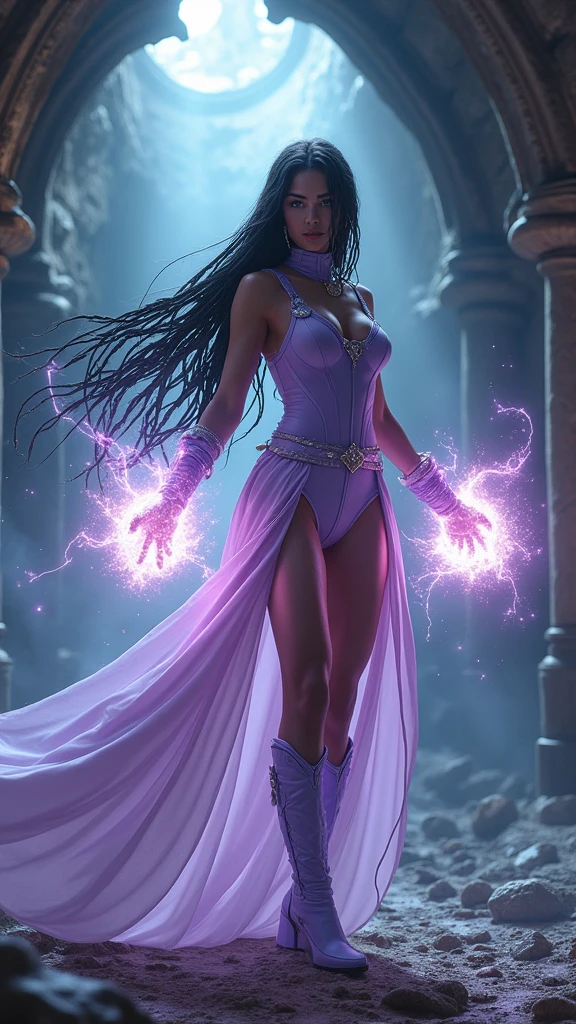 Full body photorealistic beautiful and gorgeous and sexy young slender futuristic black dreadlocks haired female hero wearing a powder lilac costume with belt and gloves and wristbands that can summons cosmic energy,,high quality, (RAW photo, best quality), (realistic, photorealistic: 1.4), (extremely delicate and beautiful: 1.4), amazing, fine details, masterpiece, ultra detailed, high resolution, best illustration, best shadow, intricate, ( extremely intricate: 1.2), (exquisitely detailed skin), cinematic light, perfect anatomy, (cool color: 1.4), sharp focus, 8k UHD, DSLR, (Fujifilm XT3),Epic Fantasy Art Style HD, 4K fantasy art, epic fantasy digital art style, epic fantasy art style, Fantasy Woman, epic fantasy art portrait, Epic fantasy style, hyperrealistic fantasy art, hd fantasy art, Epic fantasy character art, epic fantasy art, in style of dark fantasy art, epic fantasy digital art, (estilo cinematográfico :1.4), (efectos cinematográfico :1.4), (colores cinematográfico), ,(Fondo de ruinas de mazmorra en ruinas piedras grandes cueva caverna :1.4 ),( BodySuit white transparente cybernetic :1.4),