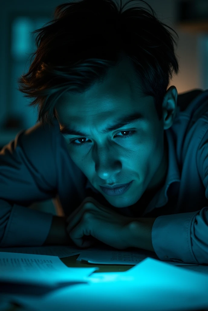A close-up of a person with tired eyes, almost closing, in a dark and disorganized office environment, with papers scattered around and the light from the computer screen illuminating the face.