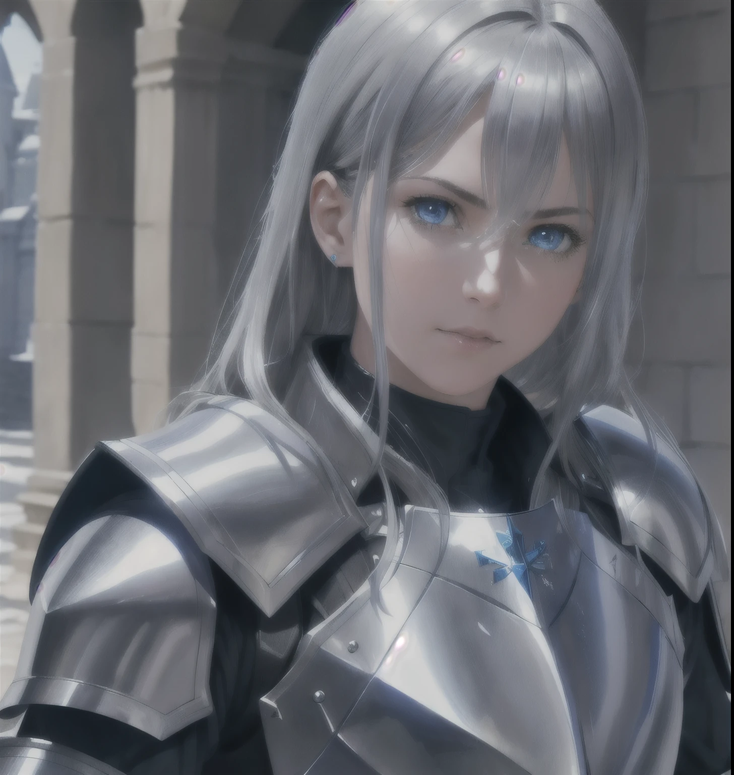 paladin, hair black, armor plate silver ((realism)), blue eyes, extremely high quality RAW photograph, ultra detailed photograph, sharp focus, high resolution, high quality, film grain, Fujifilm XT3,Highly Detailed, movie, (Cinematic Photo:1.3) of (Realistic:1.3),Photorealism, (Magical Photo:1.3)