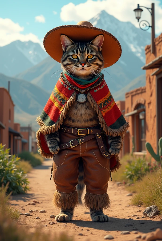 Tabby cat in Chilean cowboy costume in central Chile