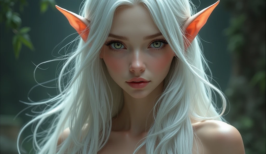Elf female, white hair, cat eyes, big breasts, slim waist, full body, from head to toe, highly detailed, very realistic,