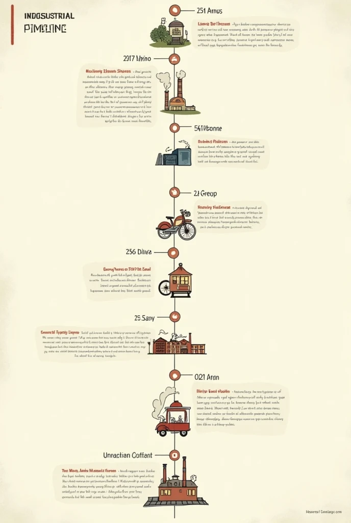 Industrial Revolution Timeline easy hand drawing. With topics and what it is about and what date it is. 