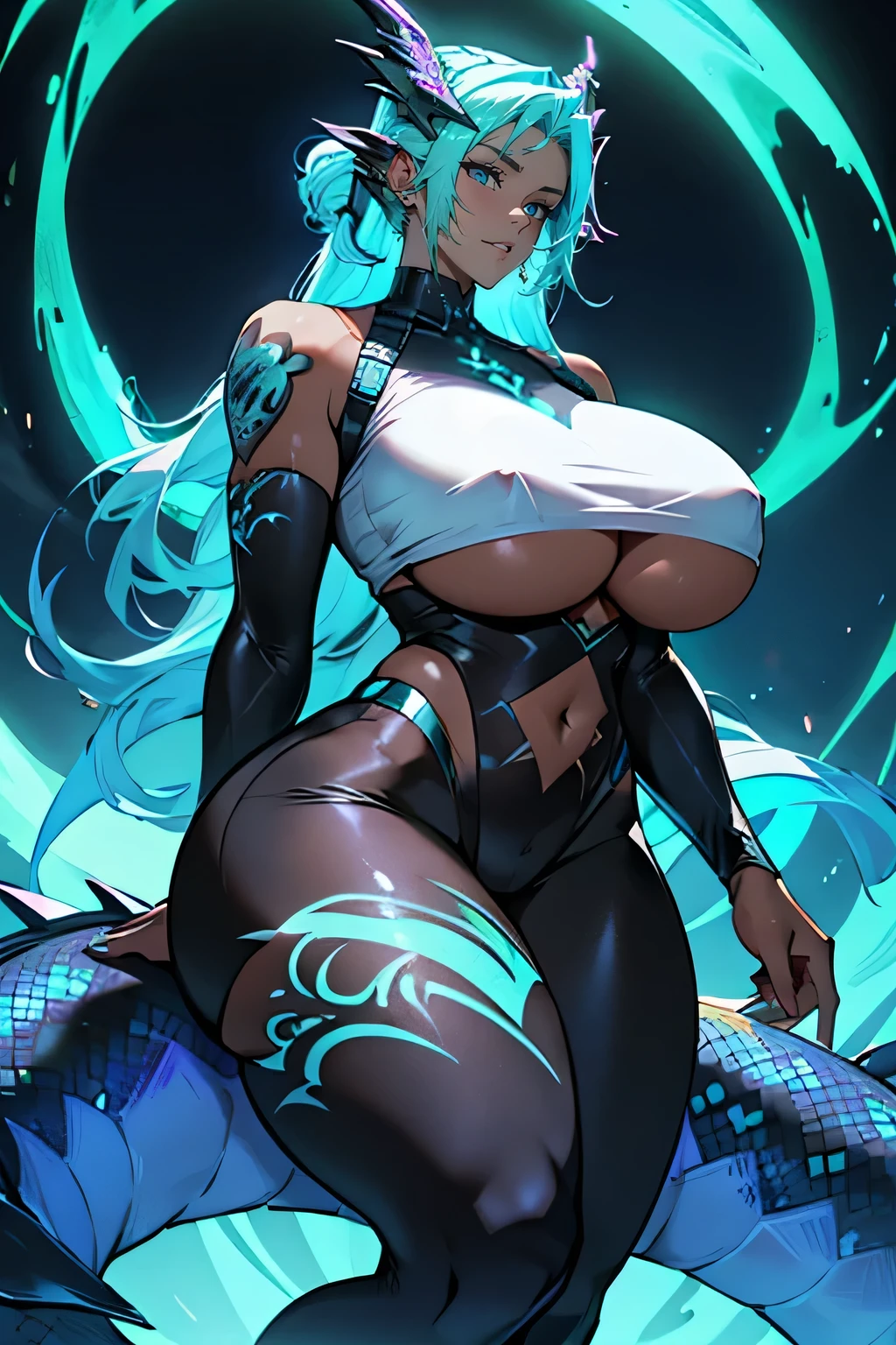 Curvy Black girl (transparent clothing, massive breasts, full lips, tattoos) with a bioluminescent dragon tattoo around her leg.