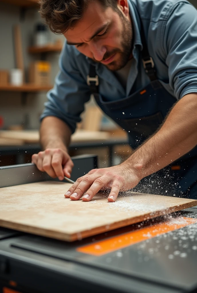 Person cutting 15x15cm tile with table saw