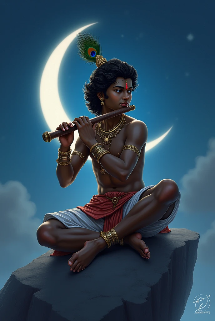 Krishna with a basuri sitting on a rock having peacock feather on head with moon in background 