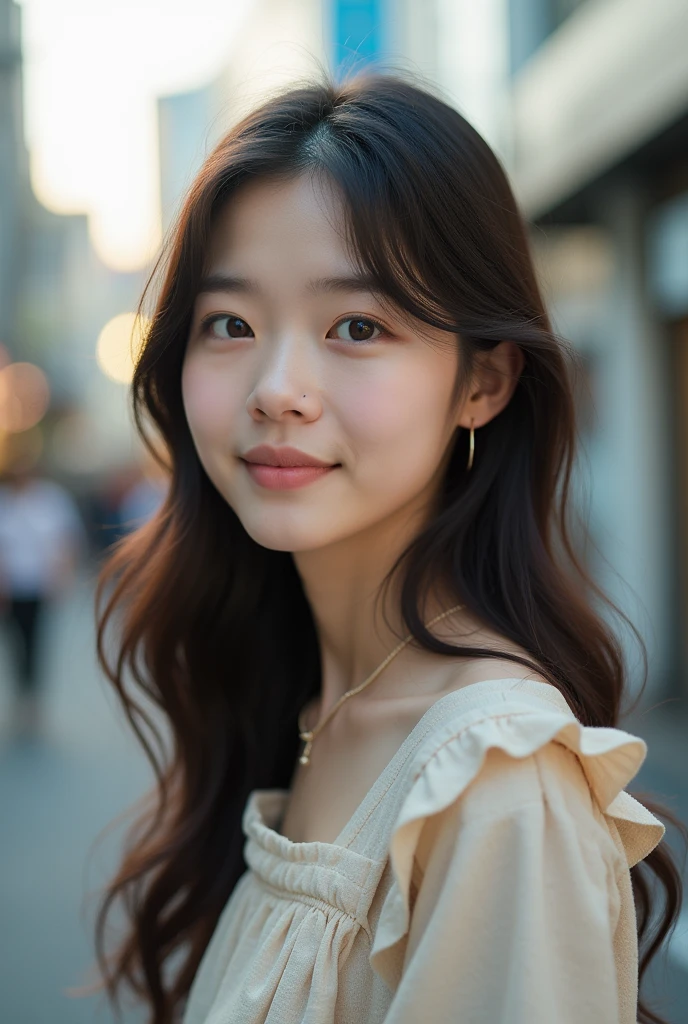 Highest quality, Belly-up shot, (Facing forward),Soft Light, Ultra-high resolution, (Realistic:1.4), RAW Photos, 1 Japanese girl, alone, 20-year-old,(A shy smile:0.5), (Brown eyes, Light in your eyes), (Small box),(High resolution detail of human skin texture), (Dark brown hair),(Long Hair),(Normal face) break, On the Streets,Feminine clothing,, skirt