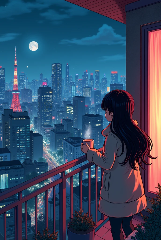 80's、comics、Balcony、Night view、girl、winter、Mug、cocoa、cute、Black Hair、Tokyo、80'sアニメーション、