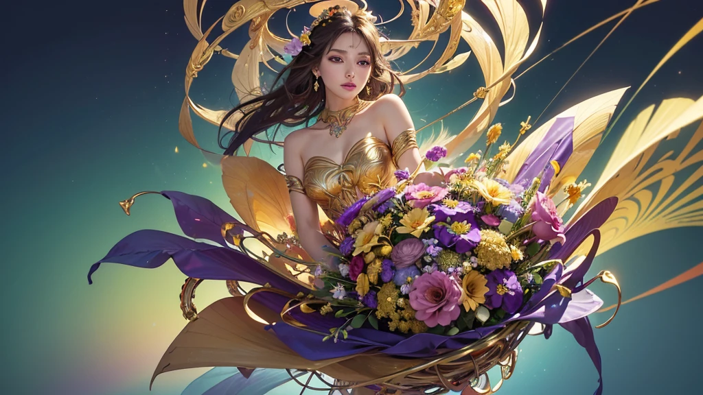 32K, 最高quality, 最高masterpiece, (ultra-Detailed Background, Detailed Background), High resolution, Super detailed, Very detailedな, 1 personの, (bouquet:1.3), (Tangled:1.2), (Geometric:1.2),(colorful),(masterpiece, quality, best quality, Official Art, Beautiful and beautiful:1.2), (1 person:1.3), Very detailed,(colorful:1.1)(Flowers:1.3),Most detailed,(Tangled:1.2), whole body, (Abstract background:1.3), (Skin glows), (Many colors:1.4), ,(Earrings Jewelry:1.5), Bright gradient background, Beautiful and sparkling background, It's imaginative., Flaxen Hair, Lustrous skin,