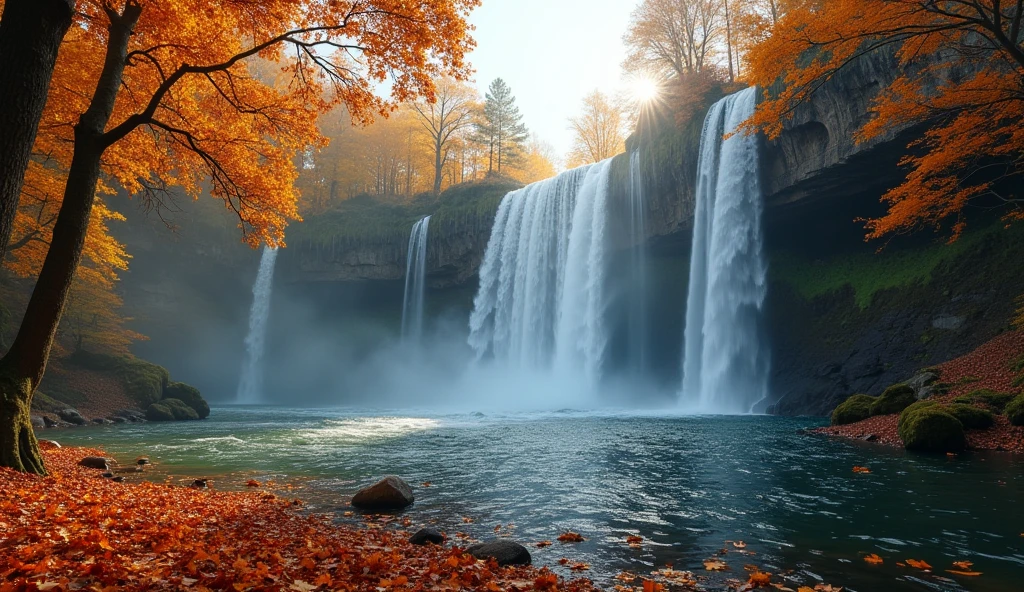 image of a large waterfall, autumn waterfall, autumn leaves falling on the water, first-person view, panorama, UHD,(Best Quality),(Masterpiece Photos), (Details:1.4),(8k Highly Detailed)(Best Quality),(Best Shading)